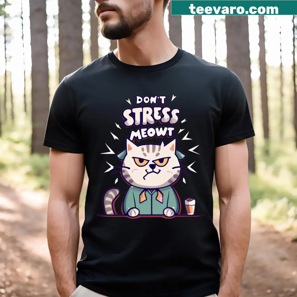Funny cat pun t-shirt with the phrase Don't Stress Meowt — on a men's t-shirt