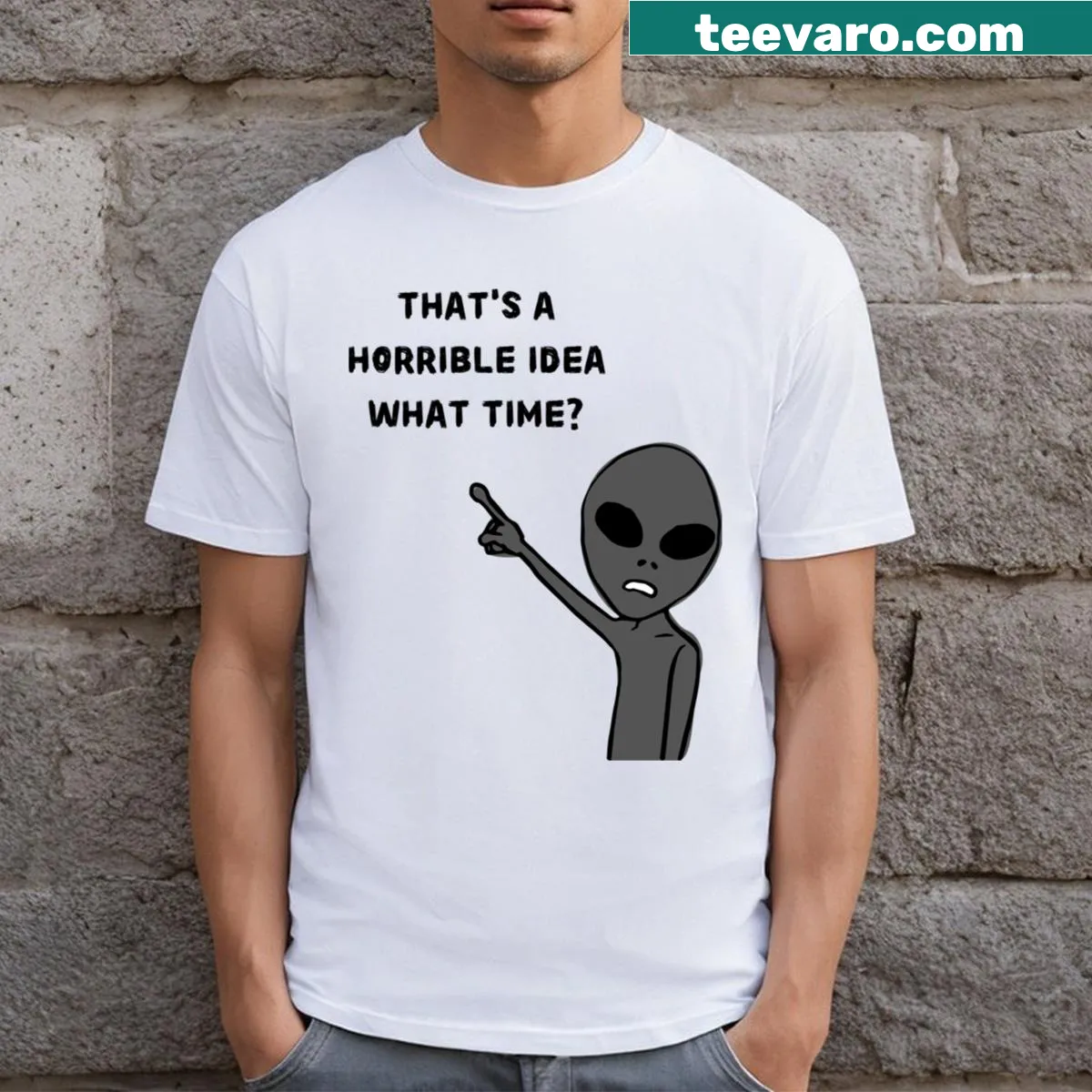 Humorous T-shirt addressing timing with a funny graphic — on a men's t-shirt