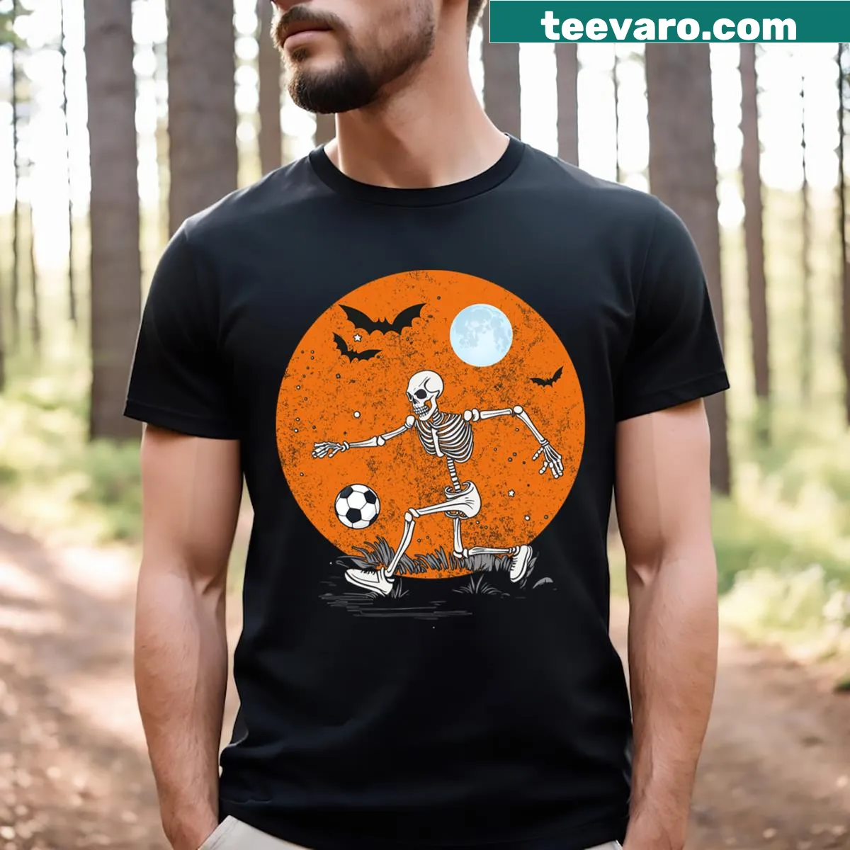 Cartoon skeleton playing football Halloween shirt for boys — on a men's t-shirt