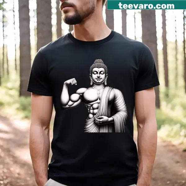 T-shirt showing Gautam Buddha with biceps, appealing to fitness lovers.