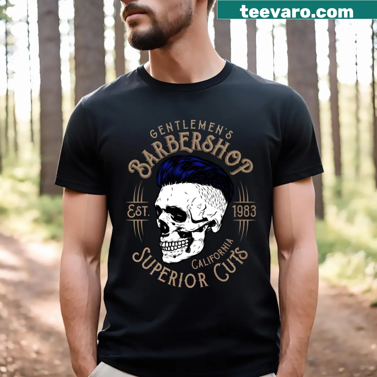 T-shirt featuring a skull graphic with 'Superior Cuts 1983' for barbershop fans. — on a men's t-shirt