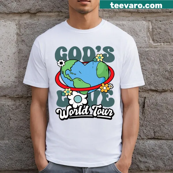 Retro T-shirt with 'God's Love World Tour' design in groovy text