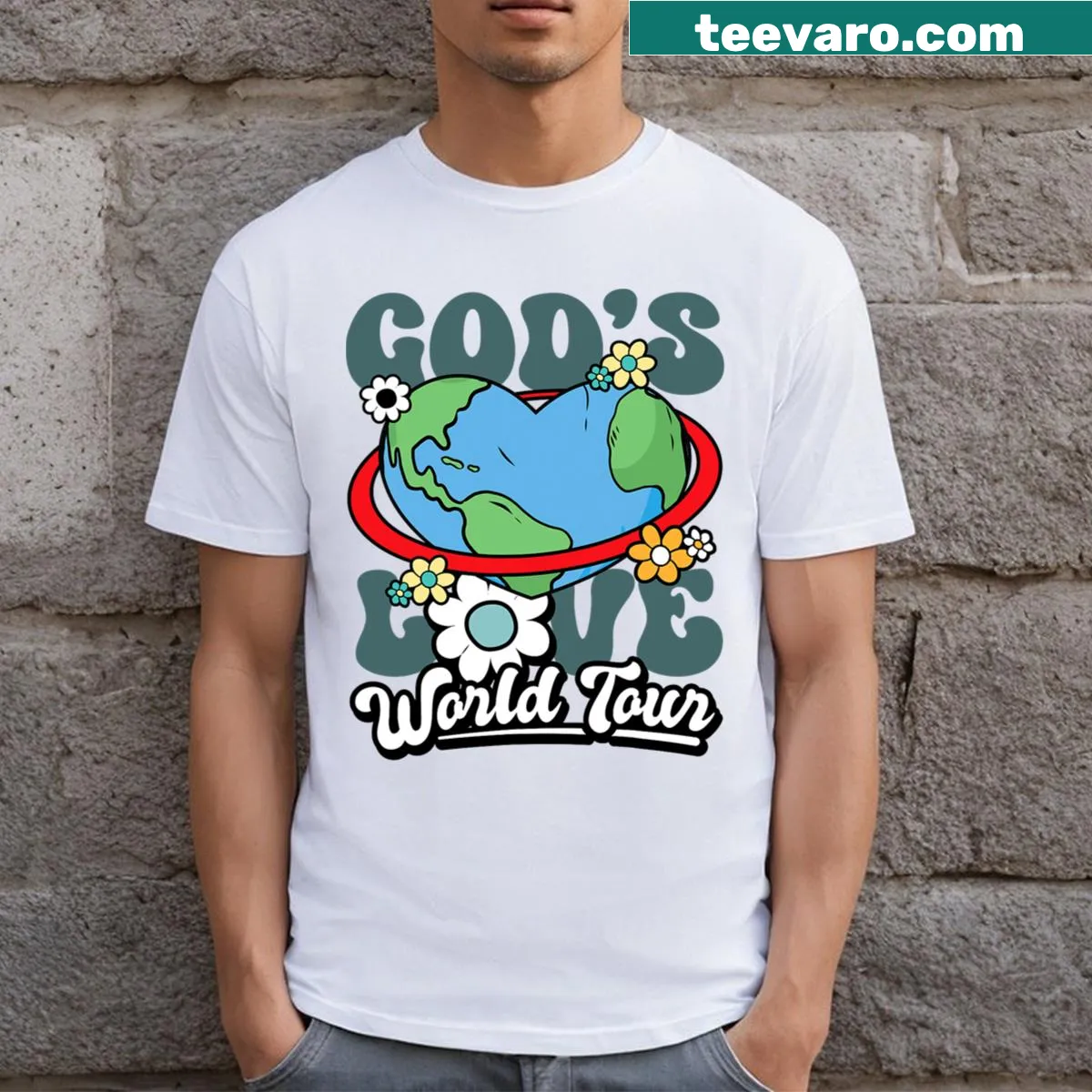 Retro T-shirt with 'God's Love World Tour' design in groovy text — on a men's t-shirt