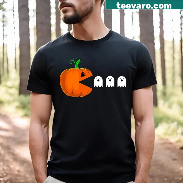 Funny Halloween shirt with a pumpkin and cartoon ghosts