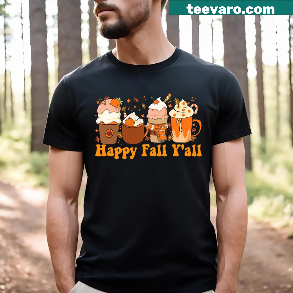T-shirt with 'Happy Fall Y'all' and a pumpkin spice latte design — on a men's t-shirt