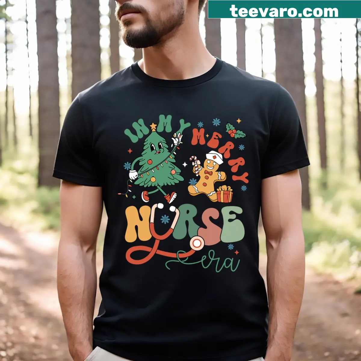 Christmas T-shirt with gingerbread Christmas tree and 'In My Merry Nurse Era' text — on a men's t-shirt