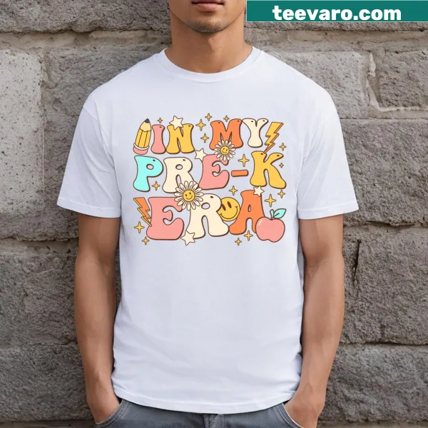 Retro T-shirt for teachers with 'In My Prek Era' text and playful design