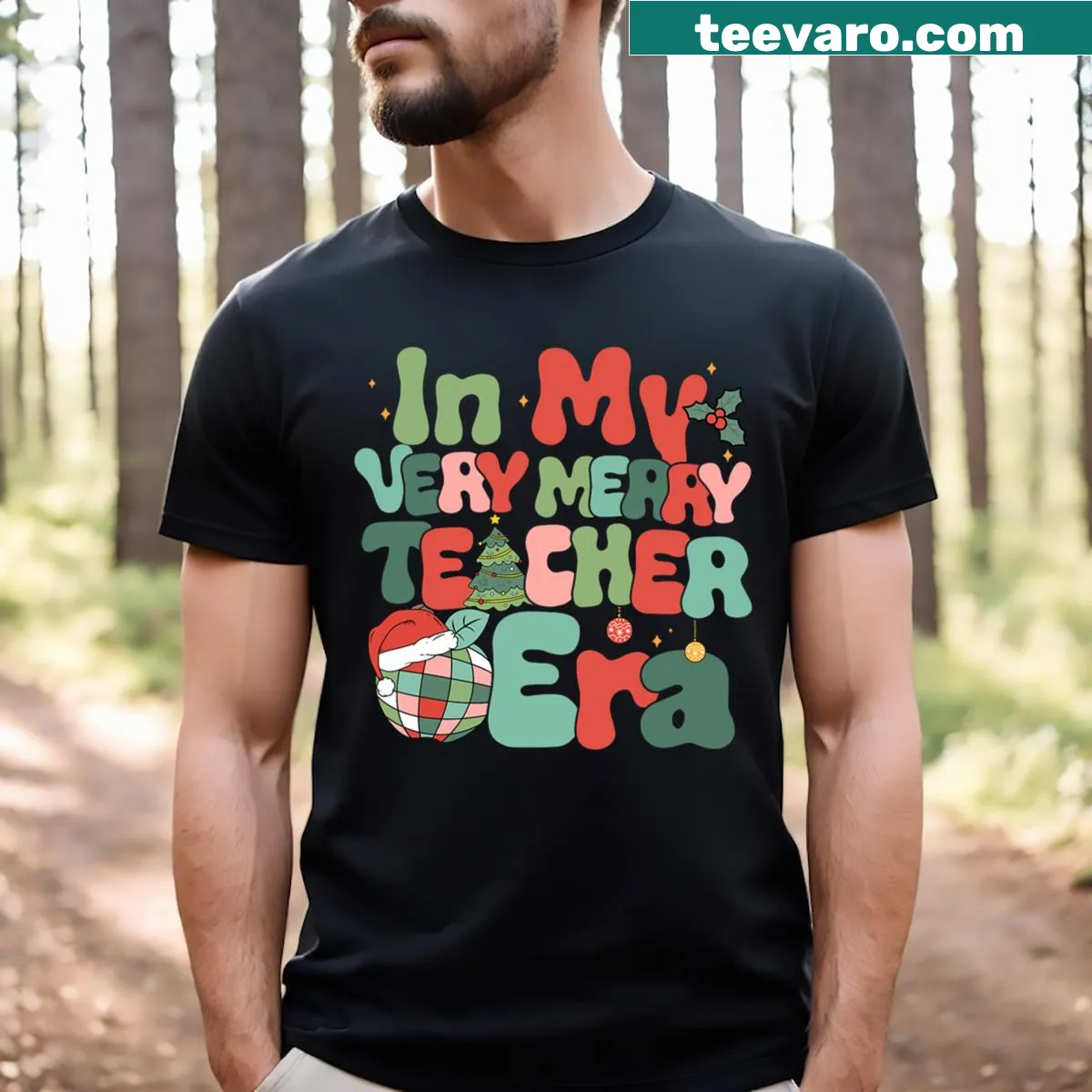 Christmas T-shirt for teachers with 'In My Very Merry Teacher Era' text — on a men's t-shirt
