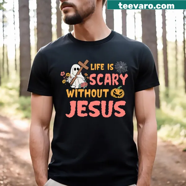 Halloween-themed T-shirt with ghost illustration and faith-based text.