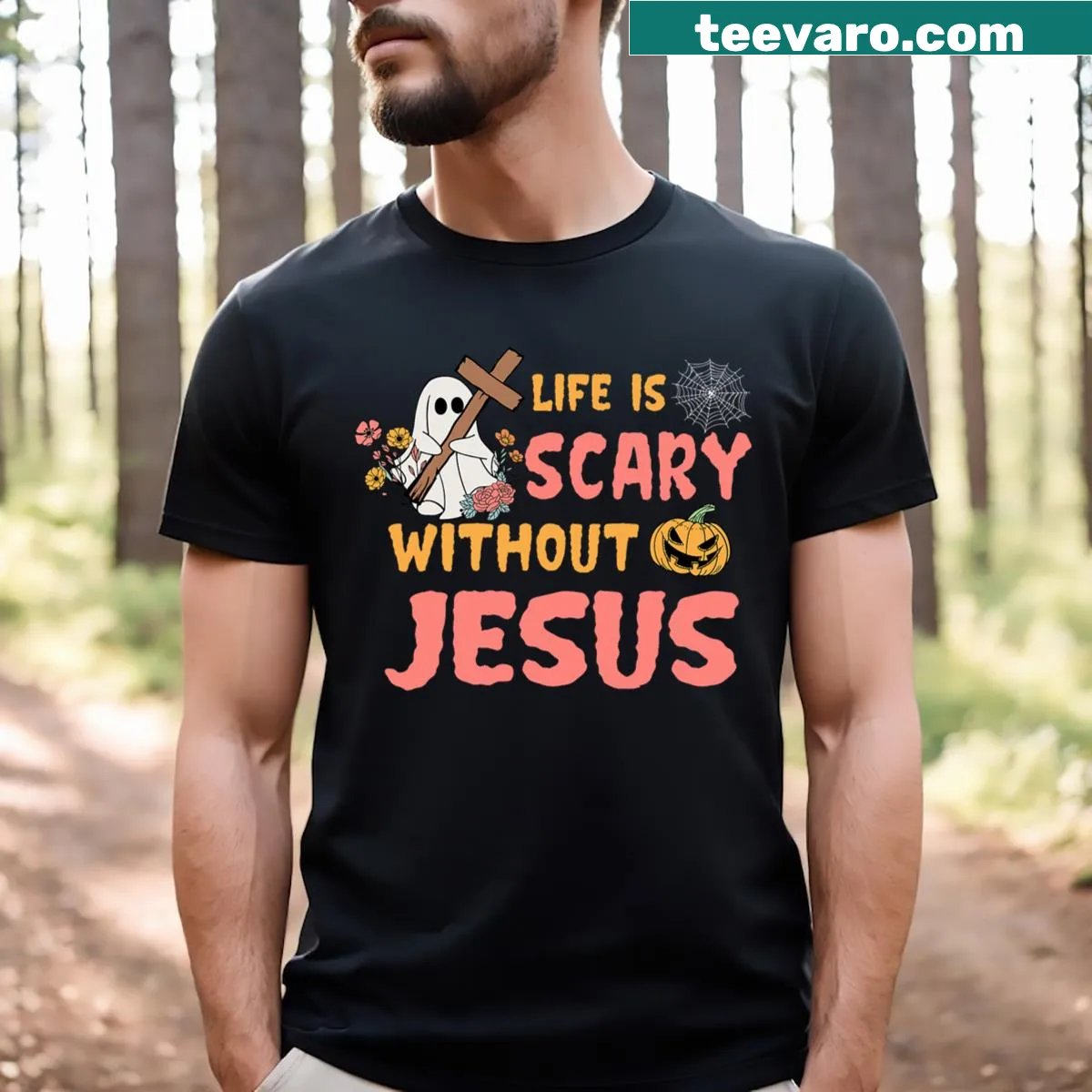 Halloween-themed T-shirt with ghost illustration and faith-based text. — on a men's t-shirt