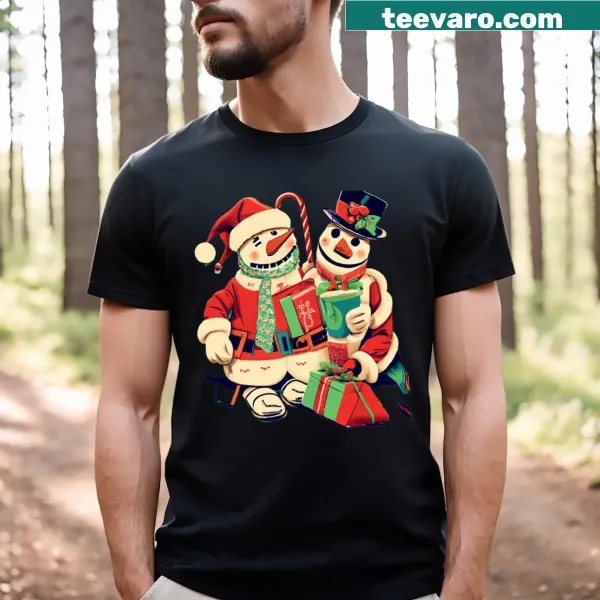 Illustration of two snowmen relaxing in festive attire on a T-shirt