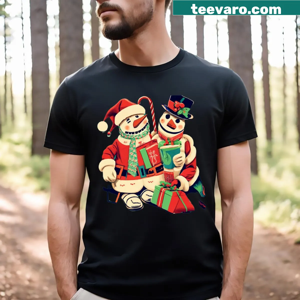 Illustration of two snowmen relaxing in festive attire on a T-shirt — on a men's t-shirt