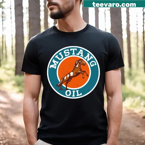 Graphic T-shirt featuring 'Mustang Oil' text aimed at car enthusiasts