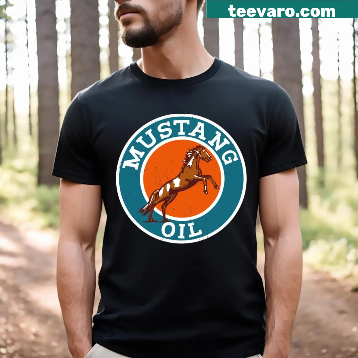 Graphic T-shirt featuring 'Mustang Oil' text aimed at car enthusiasts — on a men's t-shirt