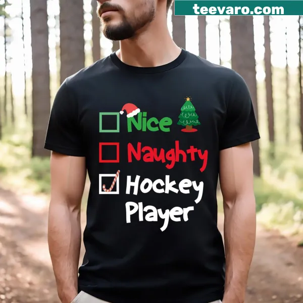Funny Christmas hockey player t-shirt with Santa hat graphic