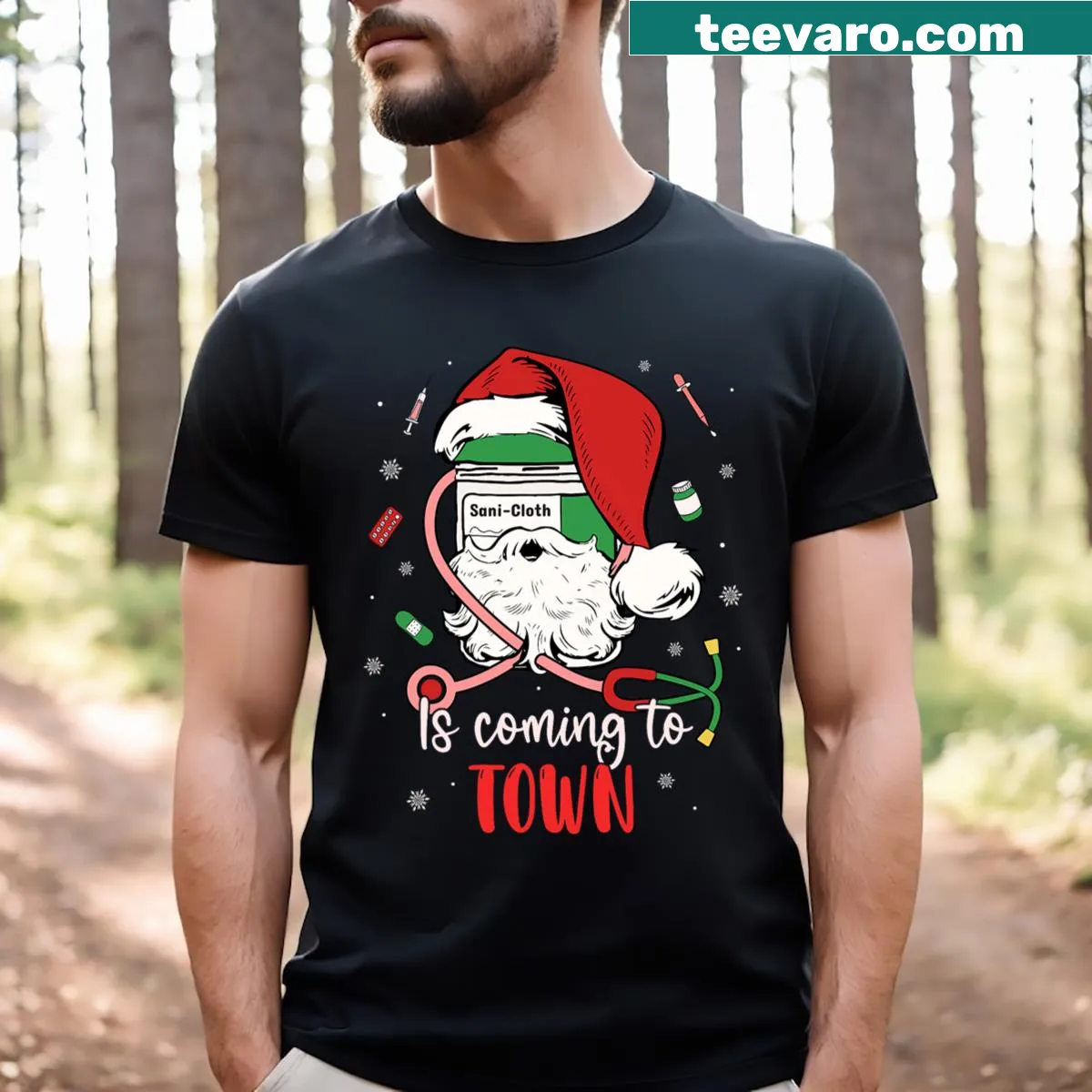 Funny nurse T-shirt with holiday-themed graphic — on a men's t-shirt