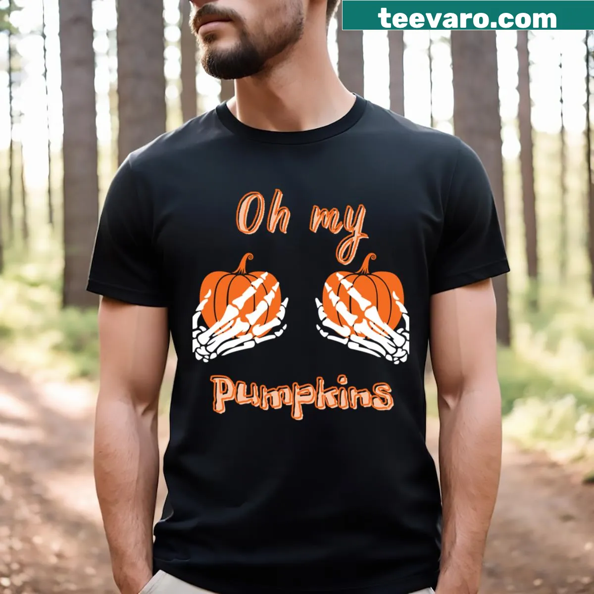 Funny Halloween T-shirt with playful pumpkin illustrations. — on a men's t-shirt