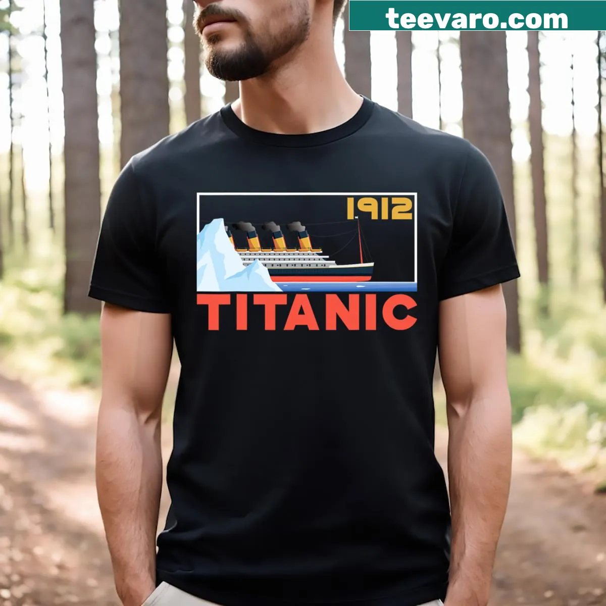 Vintage-style T-shirt featuring a graphic of the Titanic cruise vessel — on a men's t-shirt