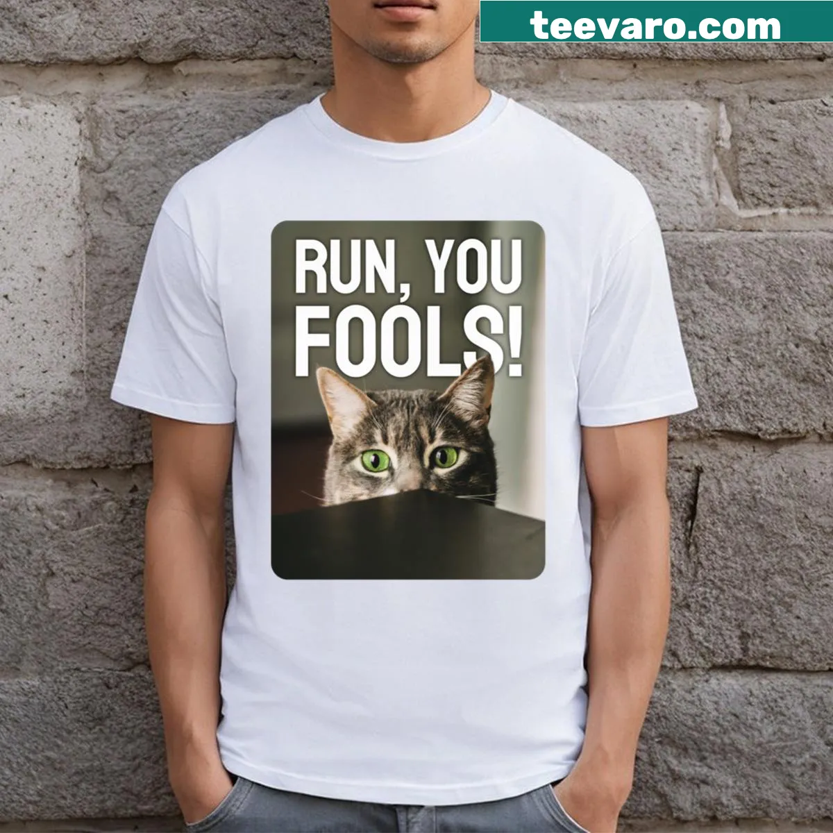 Funny cat t-shirt with graphic of a cat saying 'Run You Fools!' — on a men's t-shirt