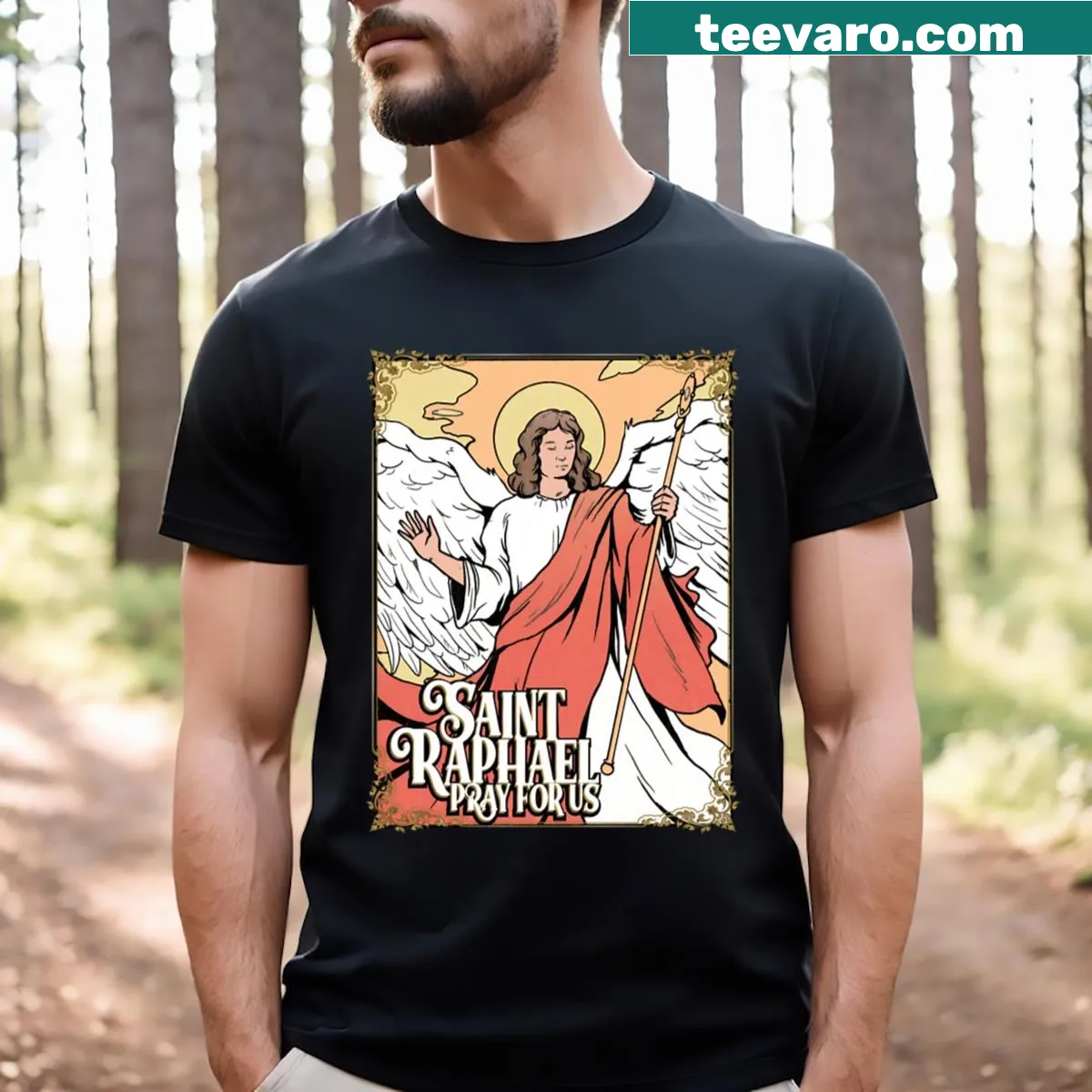 T-shirt with an illustration of Saint Raphael, the Archangel — on a men's t-shirt