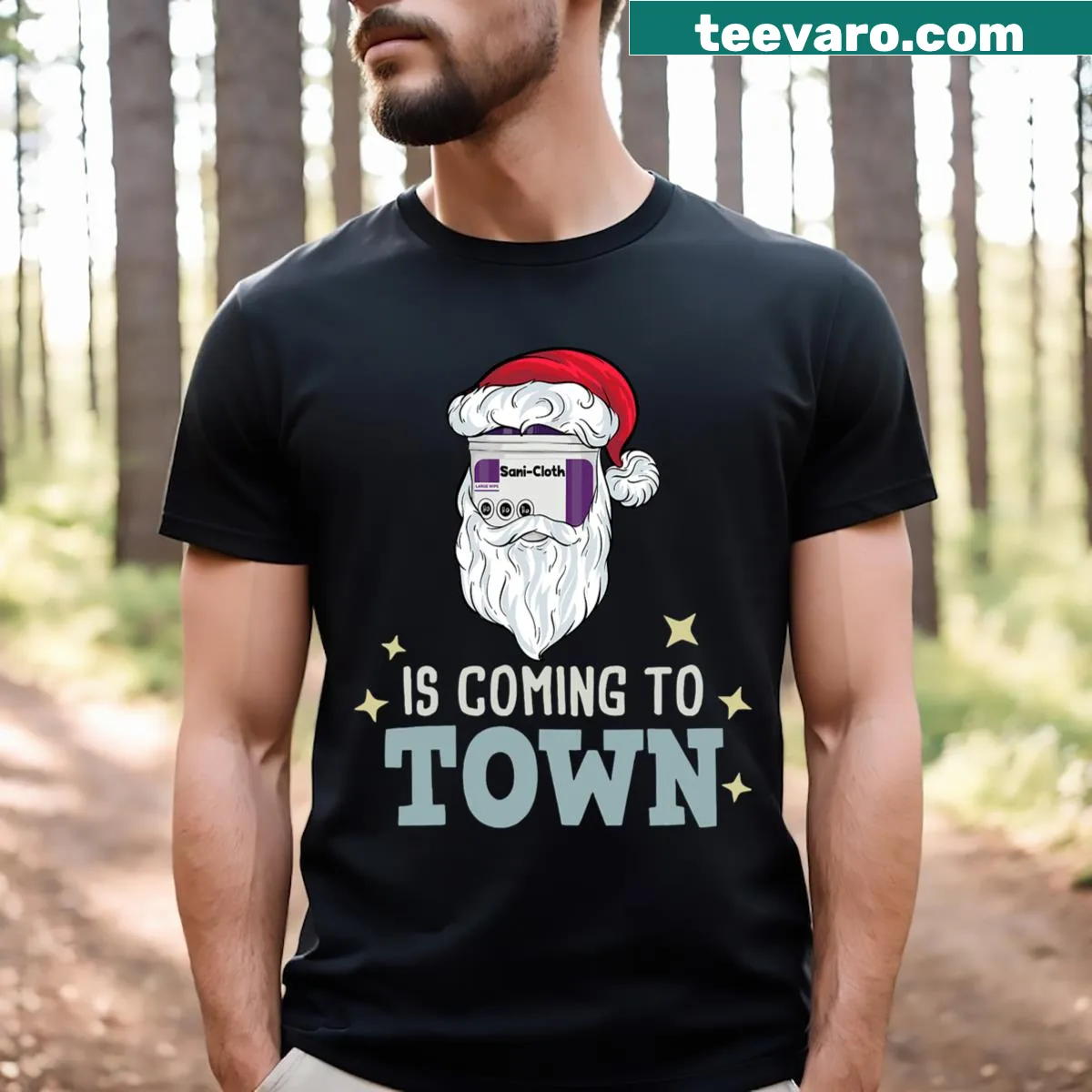 Humorous Christmas t-shirt for nurses with 'Sanicloth Is Coming To Town' text — on a men's t-shirt