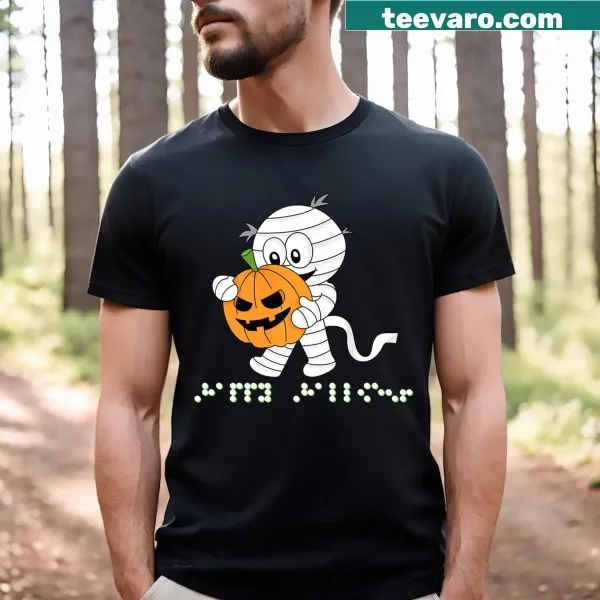 Cute Halloween skeleton t-shirt featuring Braille elements for inclusivity.