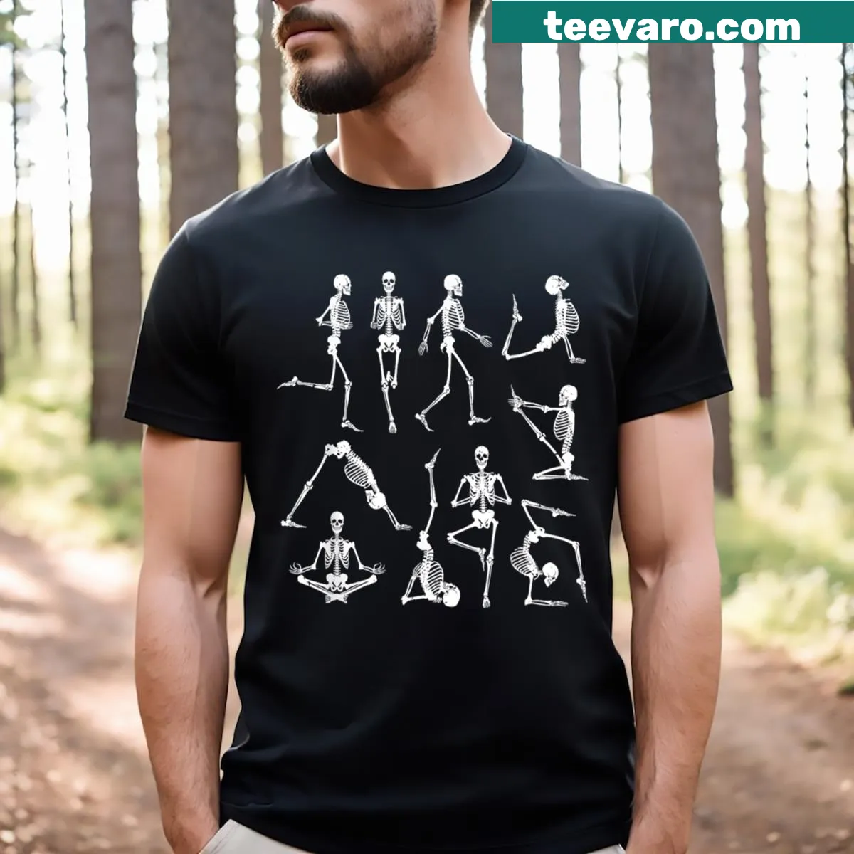Cartoon skeletons in yoga poses for a fun Halloween T-shirt — on a men's t-shirt