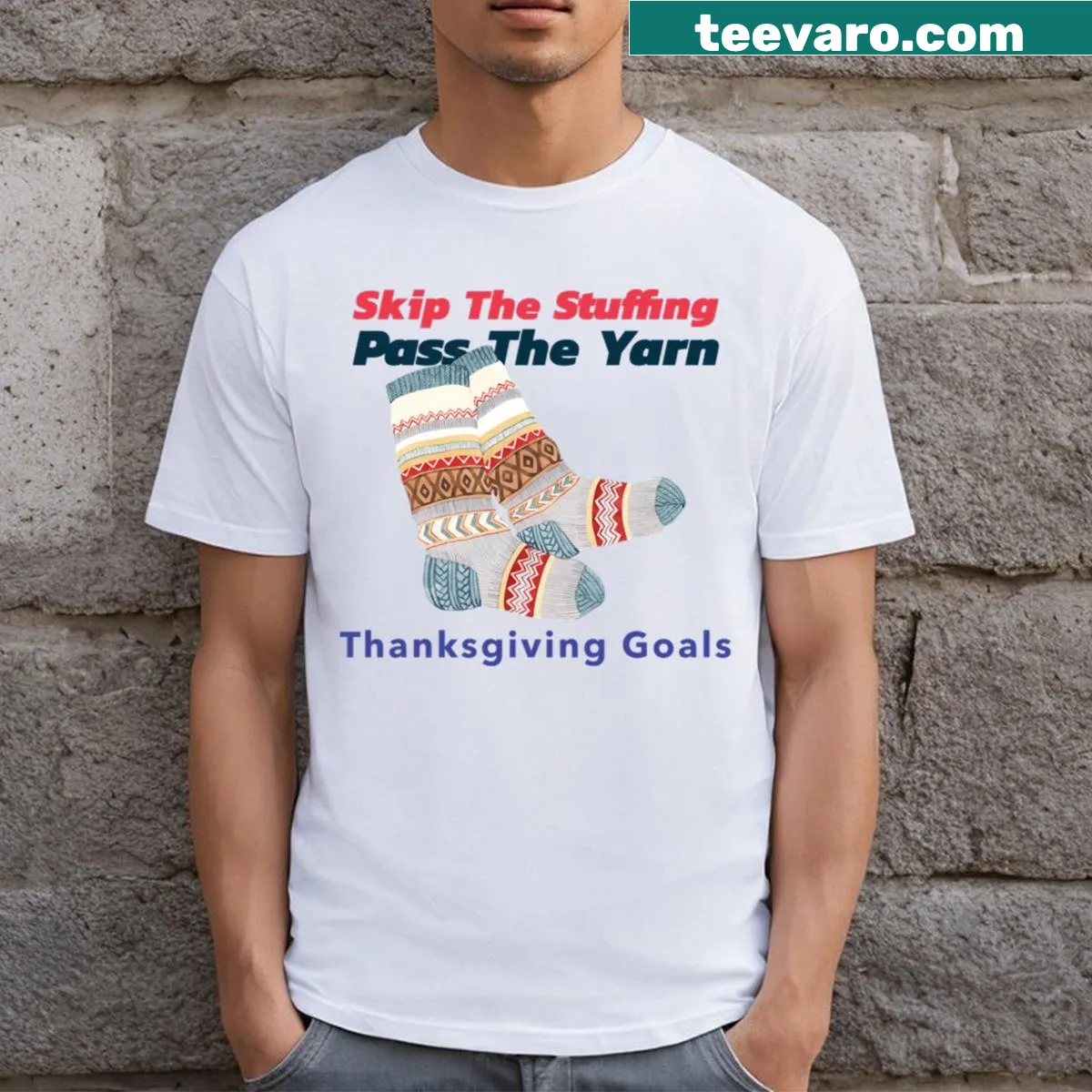 Thanksgiving T-shirt with yarn illustration and humorous text — on a men's t-shirt