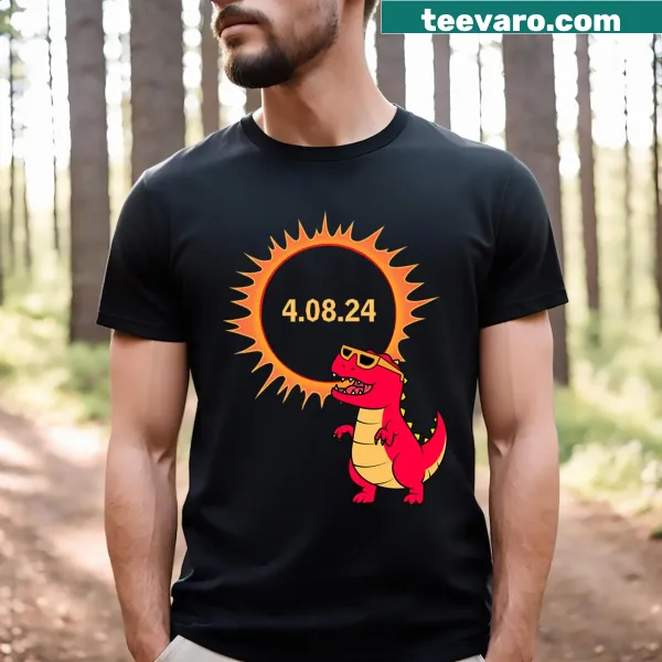 T-Rex in eclipse glasses graphic on a humorous T-shirt