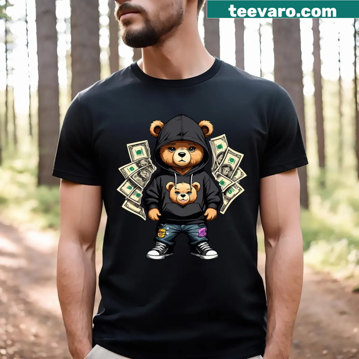 Cartoon teddy bear graphic with a business theme for casual wear — on a men's t-shirt