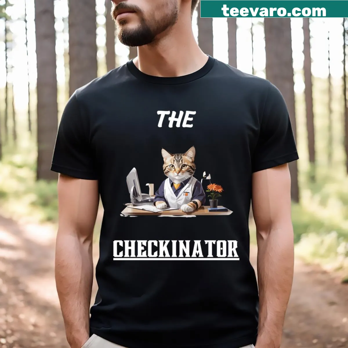 Funny hotel receptionist t-shirt with 'The Checkinator' design — on a men's t-shirt