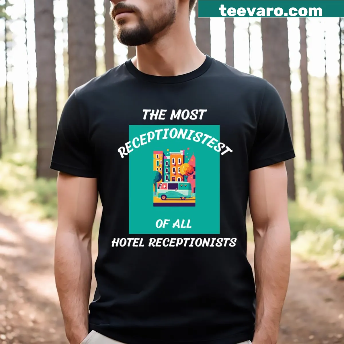 Funny hotel receptionist design t-shirt with 'The Most Receptionest' — on a men's t-shirt