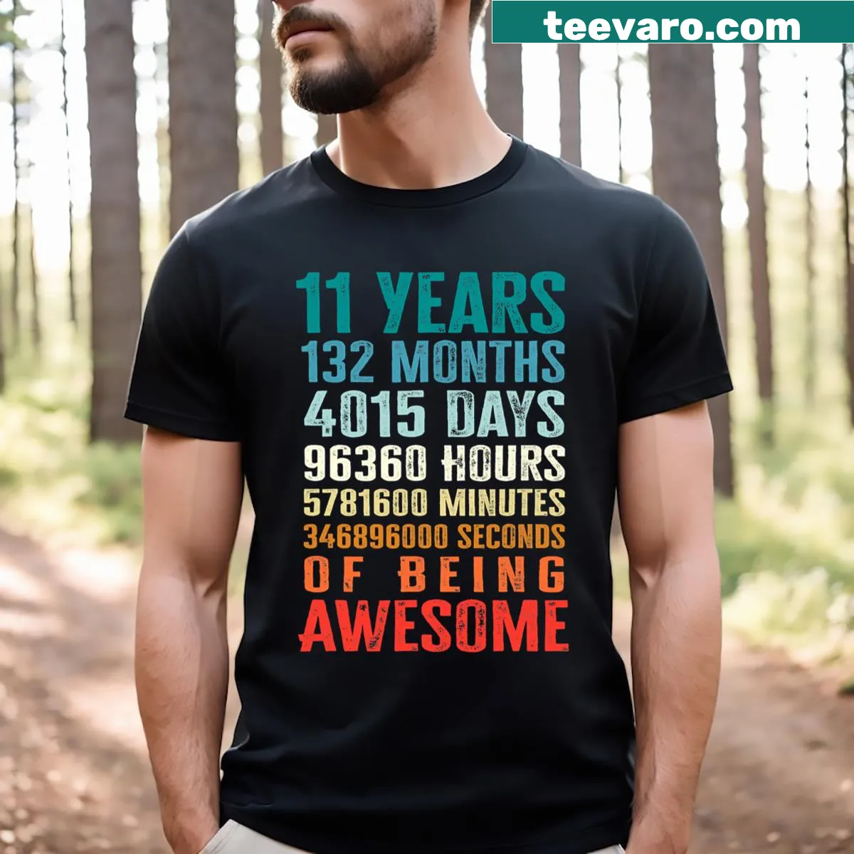 Birthday t-shirt saying 11 Years 132 Months Of Being Awesome — on a men's t-shirt