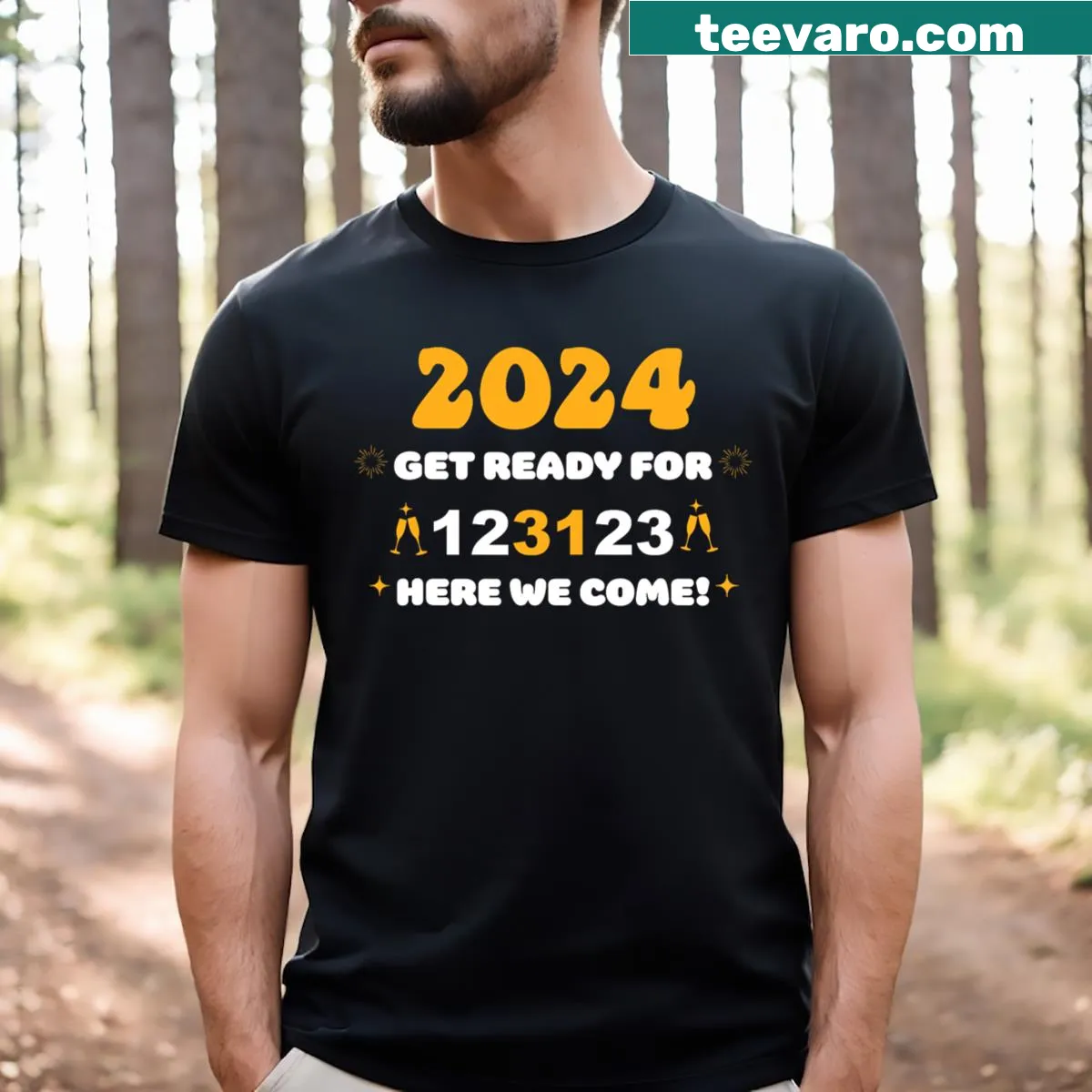 New Year's Eve 2024 T-shirt with Happy New Year text for celebrations — on a men's t-shirt
