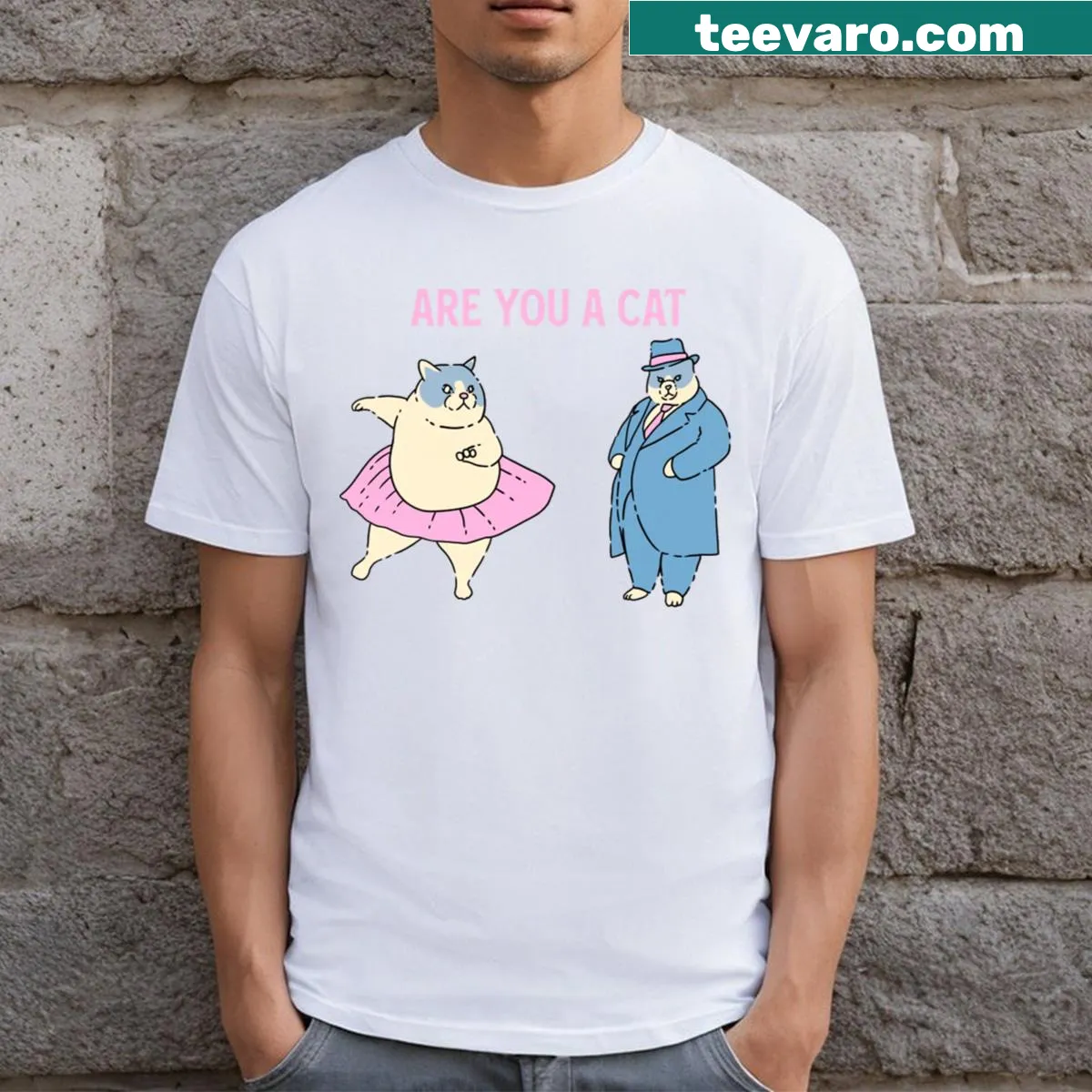 Playful text 'Are You A Cat?' on a T-shirt — on a men's t-shirt