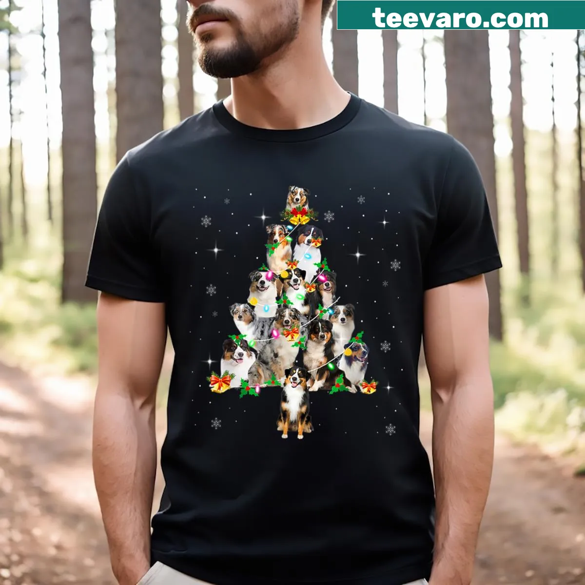 Festive Australian Shepherd with Christmas lights illustration — on a men's t-shirt