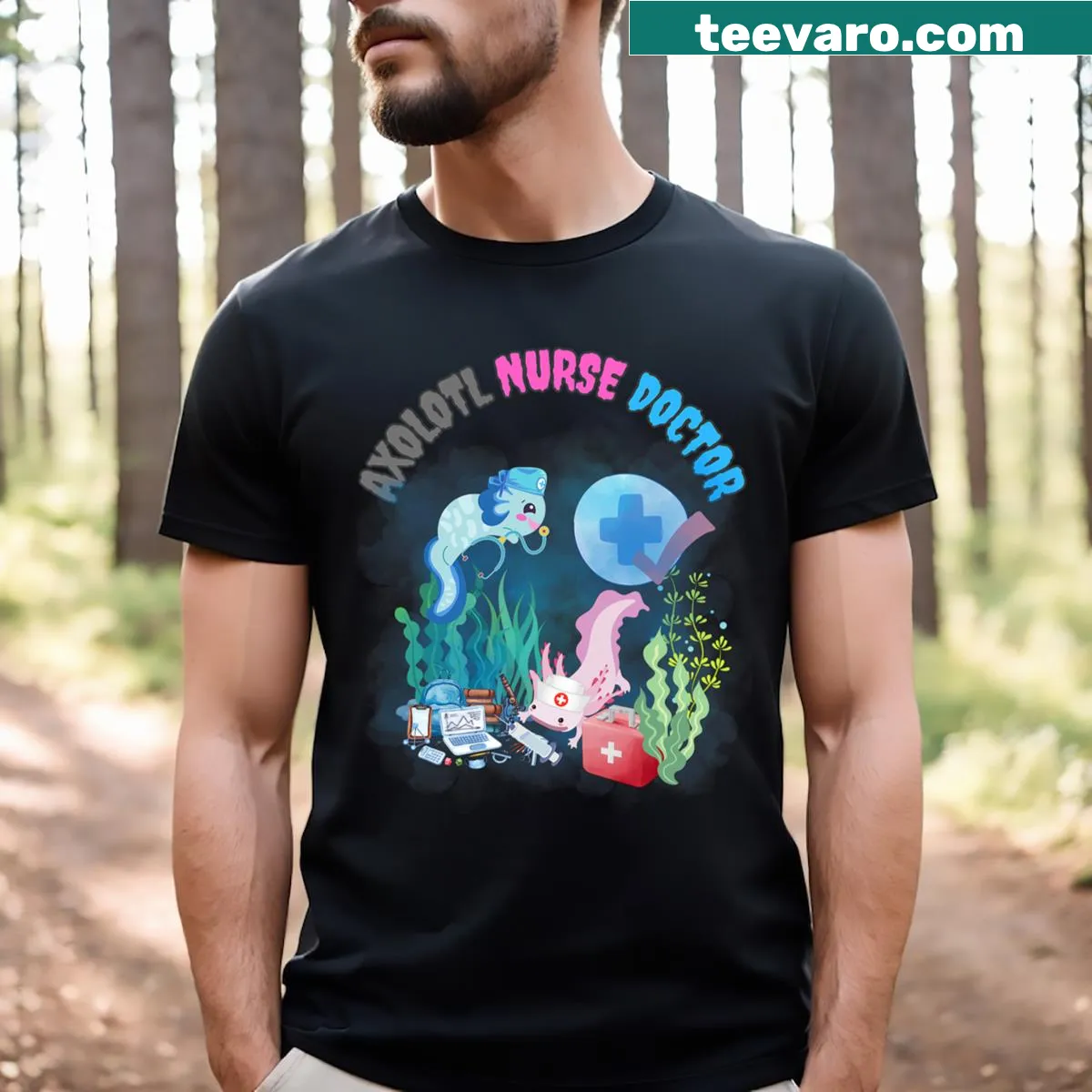 Adorable axolotl nurse t-shirt featuring an underwater doctor design — on a men's t-shirt