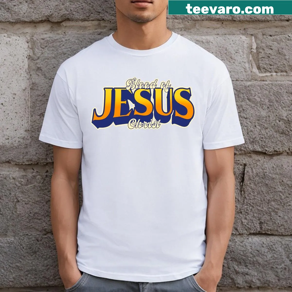 T-shirt featuring the phrase Blood Of Jesus Christ for faith expression — on a men's t-shirt