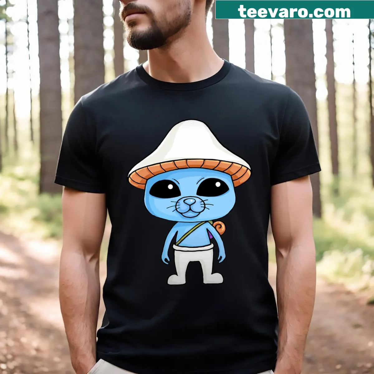 T-shirt featuring a blue mushroom and a cat meme with the phrase We Live We Love We Lie — on a men's t-shirt