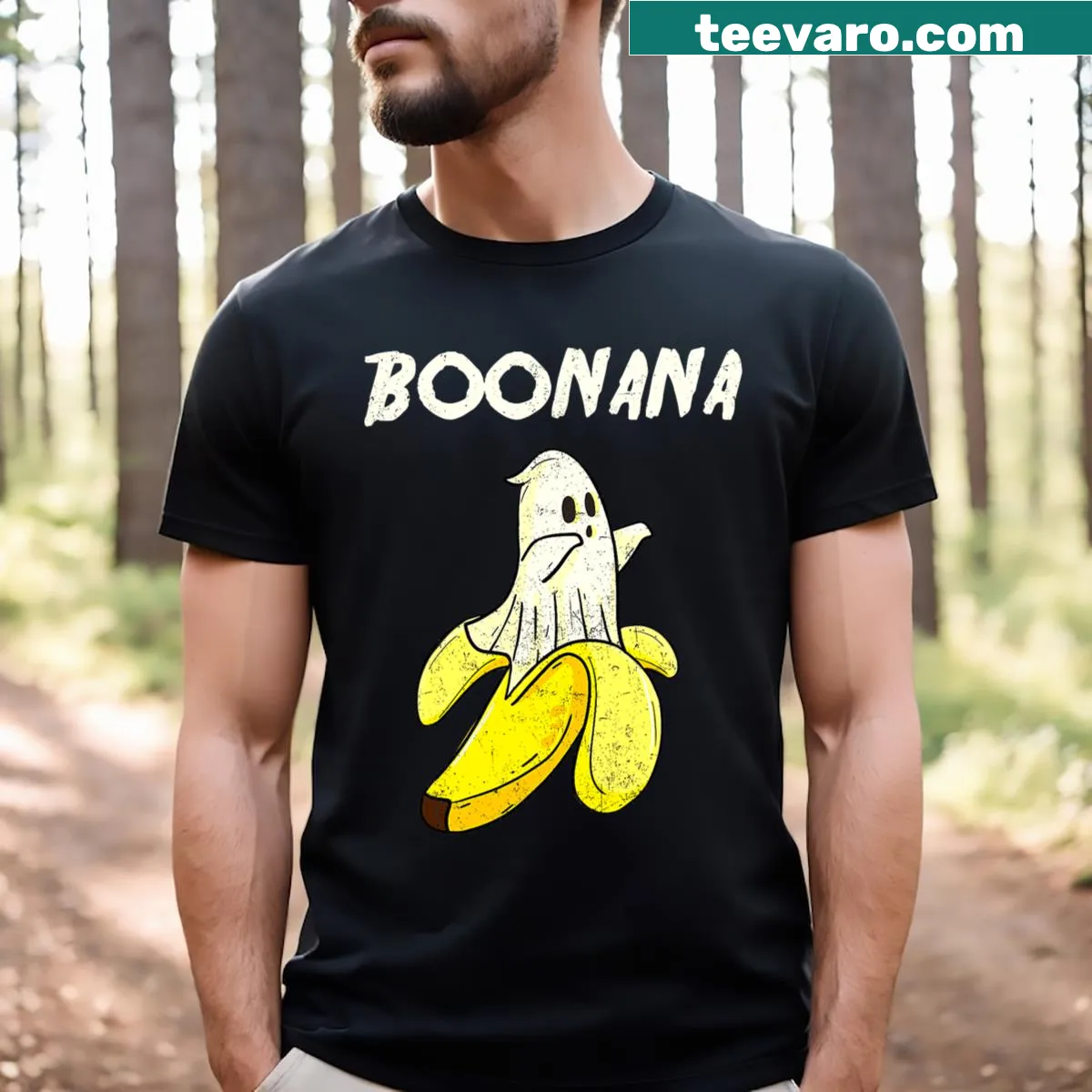 Funny banana ghost cartoon design on T-shirt — on a men's t-shirt