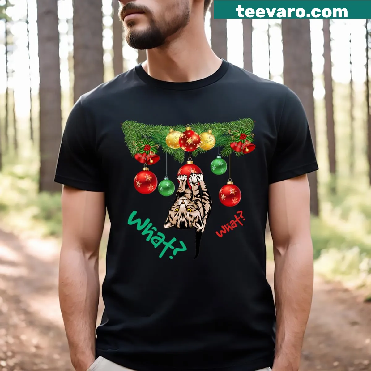 Funny cat Christmas tree ornaments design on T-shirt — on a men's t-shirt