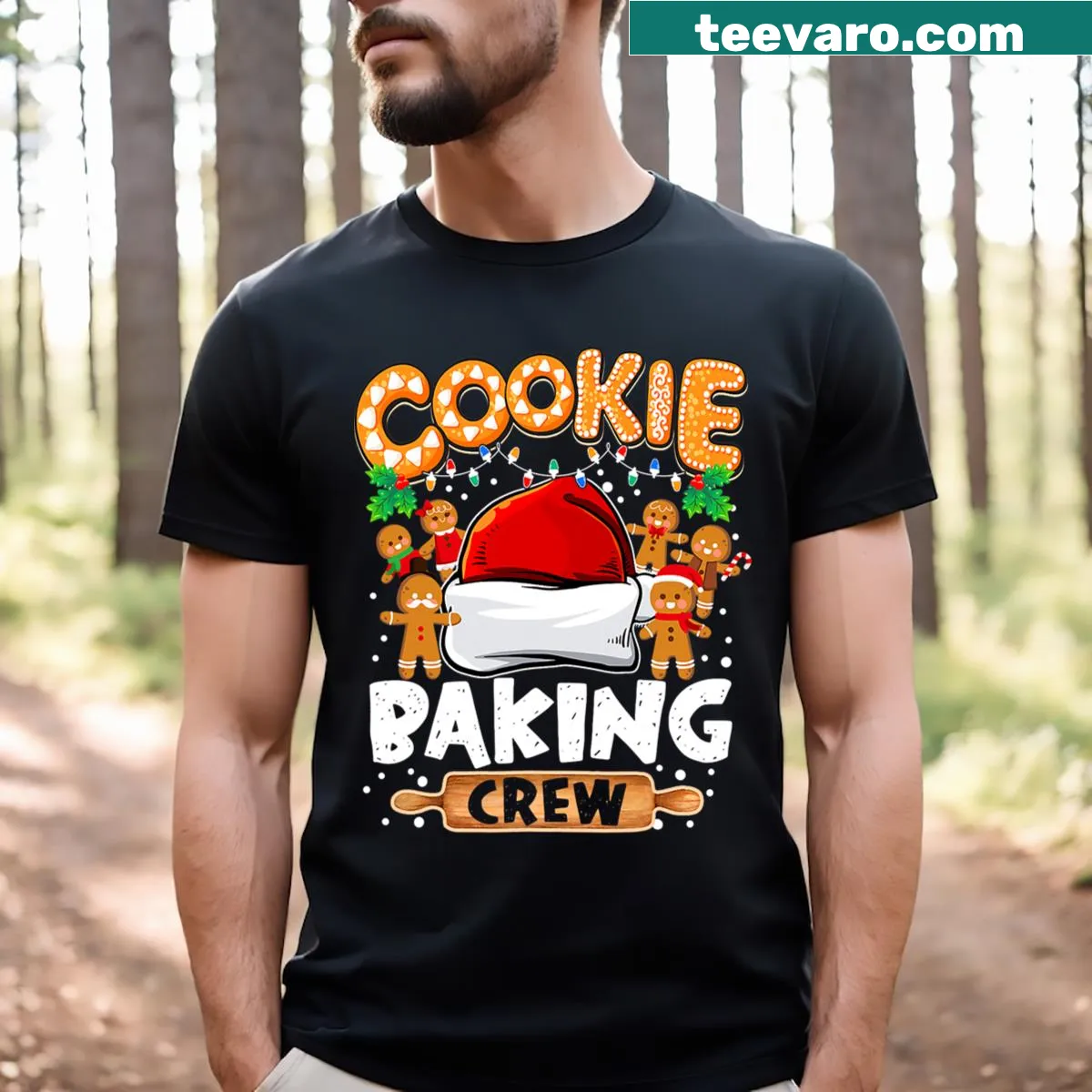 Whimsical cookie baking crew design with Christmas lights — on a men's t-shirt