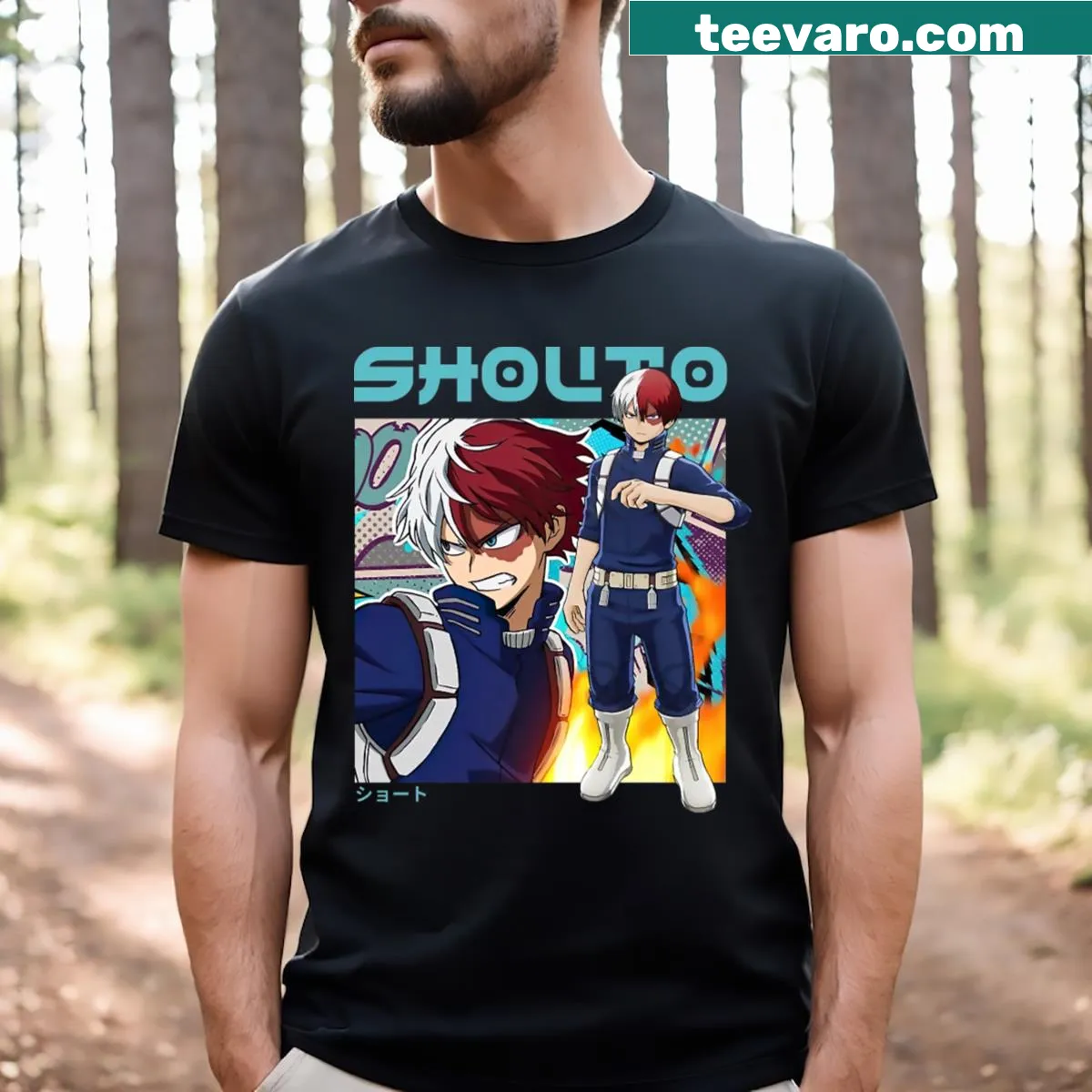Dynamic fire and ice hero illustration with kanji name — on a men's t-shirt