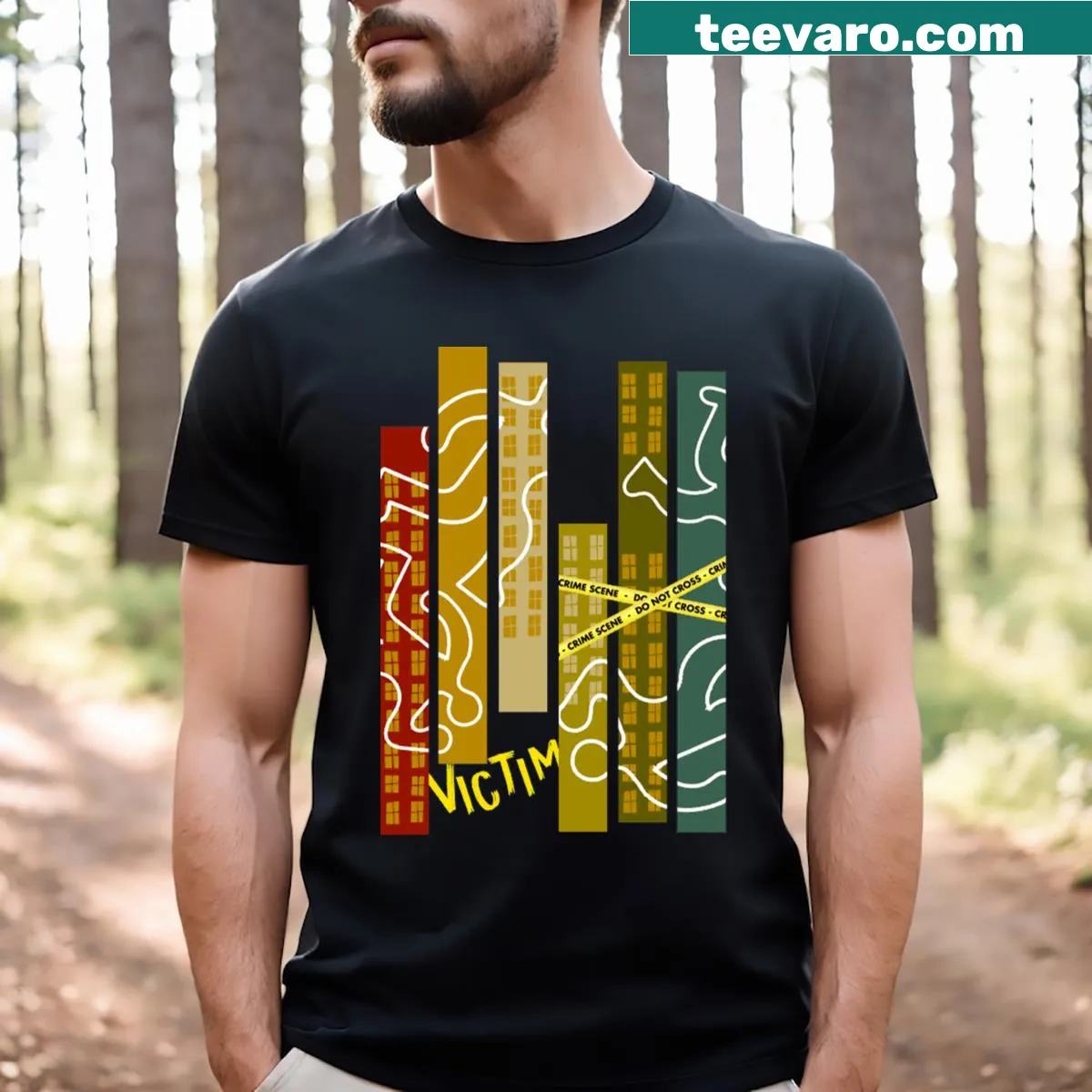 Murder mystery themed T-shirt with 'Crime Scene Victim' text — on a men's t-shirt