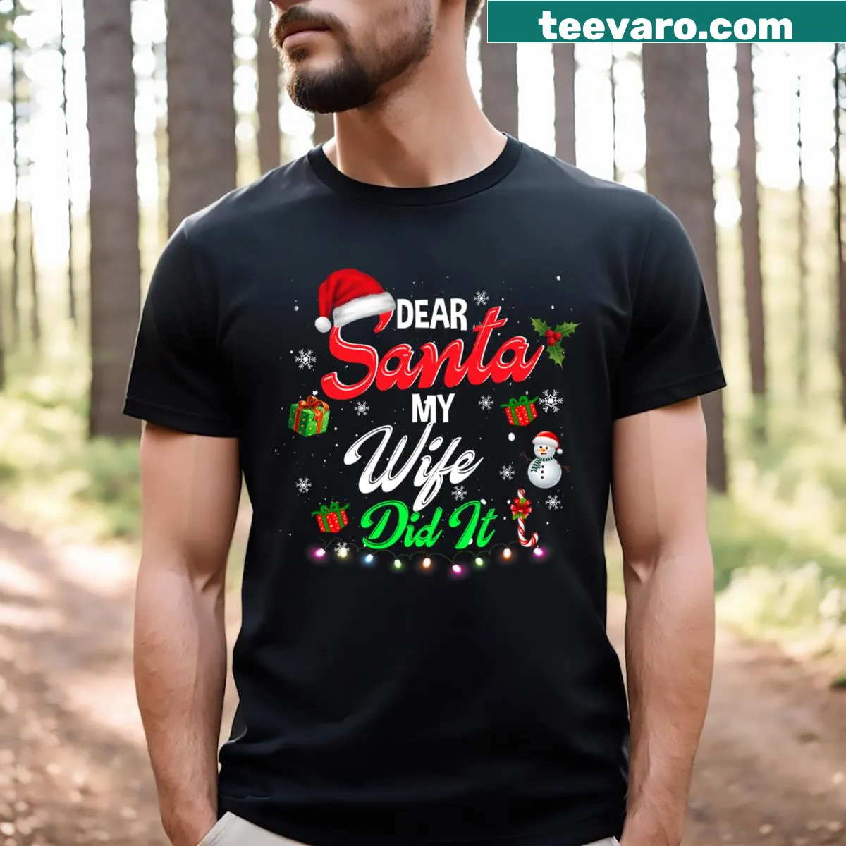 Funny Christmas t-shirt for men featuring text about wife — on a men's t-shirt