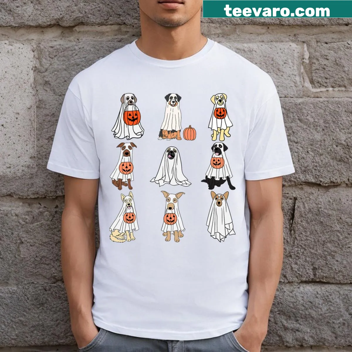 Cute dogs in ghost costumes for Halloween graphic — on a men's t-shirt