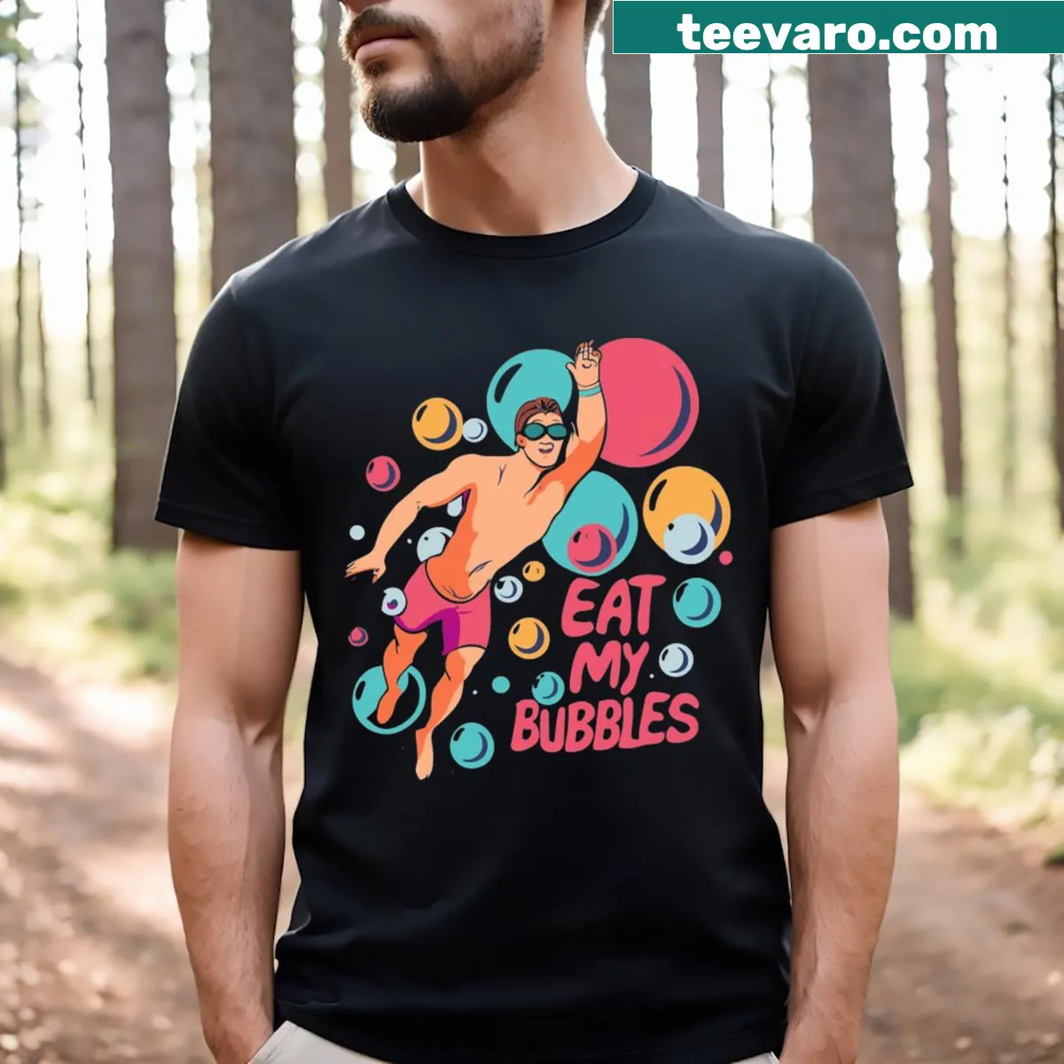 Humorous t-shirt with the phrase Eat My Bubbles — on a men's t-shirt