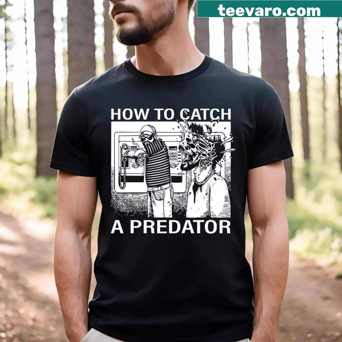 Illustration of a black cat knocking over a Christmas tree on a humorous T-shirt — on a men's t-shirt