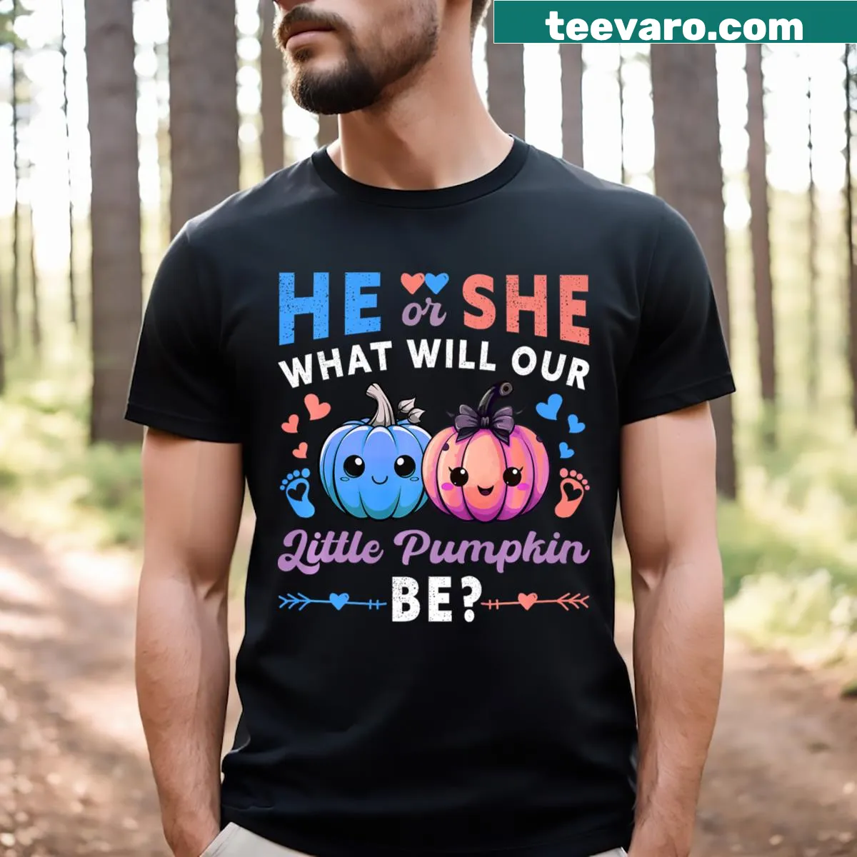 Cute pumpkin gender reveal t-shirt for expecting parents — on a men's t-shirt