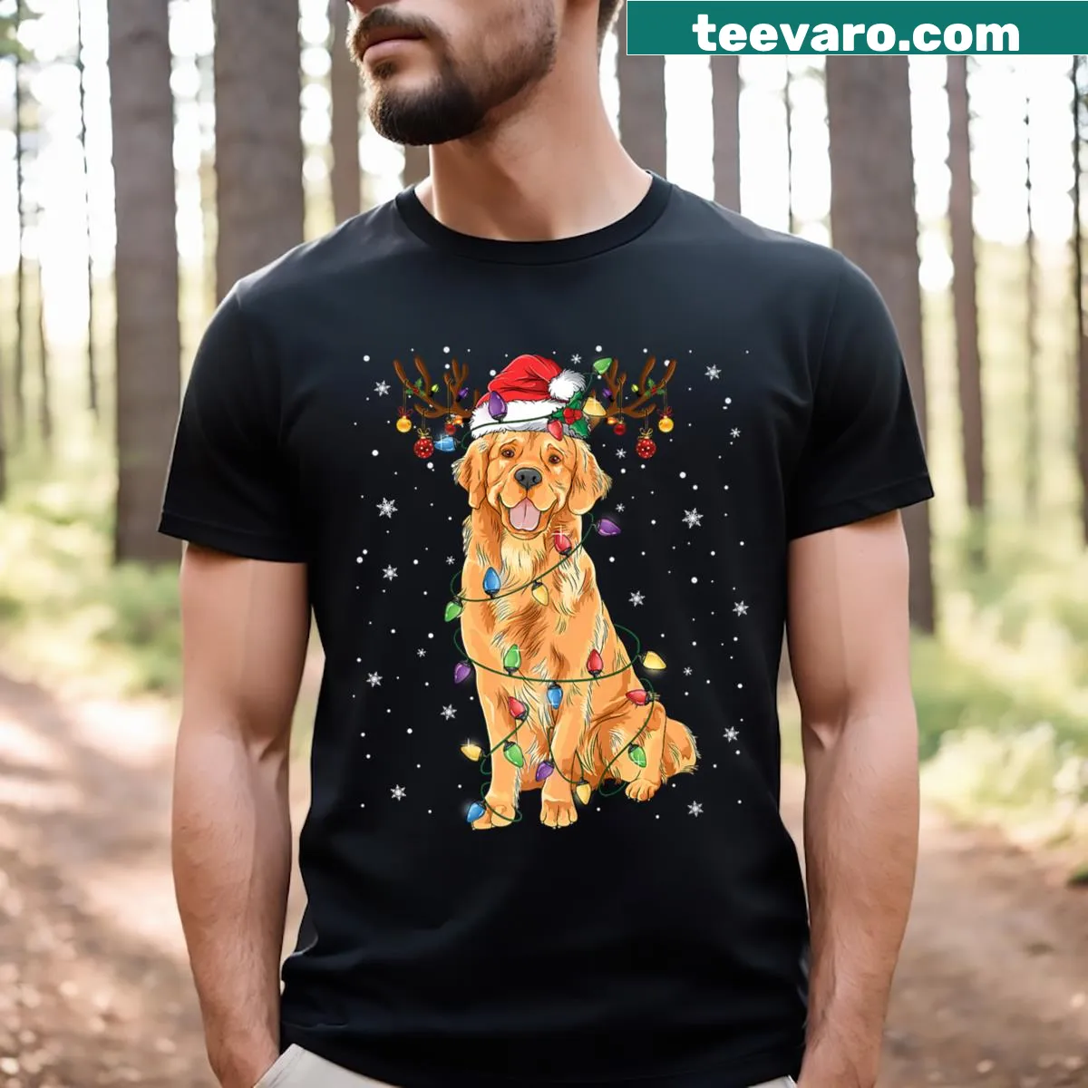 Golden retriever in Santa hat with reindeer lights graphic — on a men's t-shirt